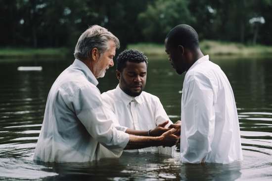 Two pastors baptizing a man in a river