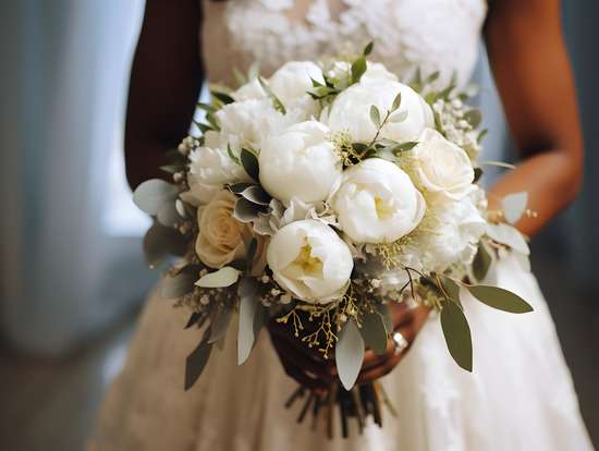A bride holding a bouquet of flowers, about to walk down the aisle to be married