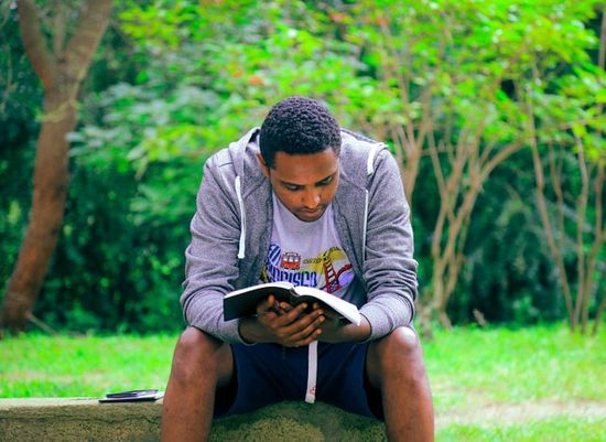 A man reading his Bible in nature