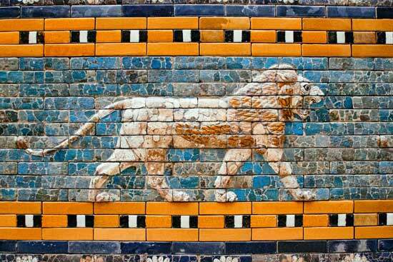 Lion with wings on Ishtar gate of ancient Babylon as we learn how Jews kept Sabbath after the Babylonian captivity