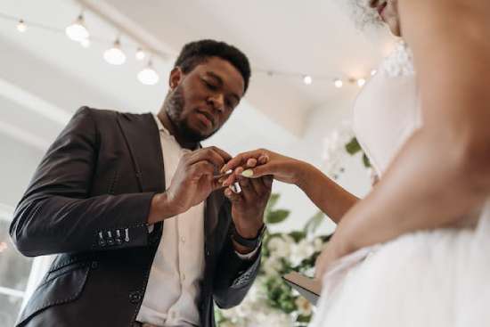 A groom putting the wedding ring on his bride's hand.