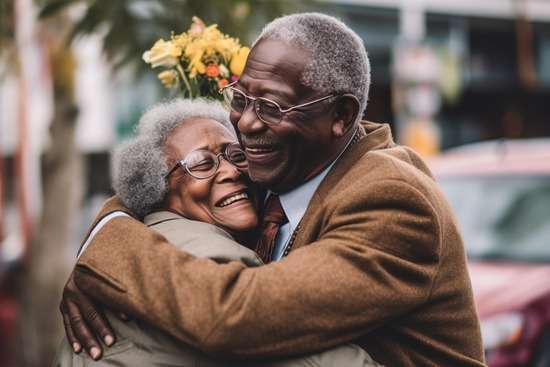 An older couple embrace each other and smile, exemplifying how trusting in God can lead to a fuller, happier, and longer life.